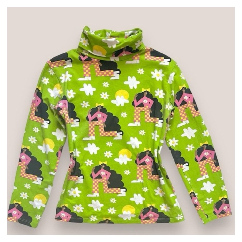 Nooworks Bright Green Girl Flower Power Longsleeve Mock Neck Top XXL
